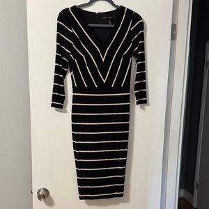 White House Black Market Black and Cream Long Sleeve Dress